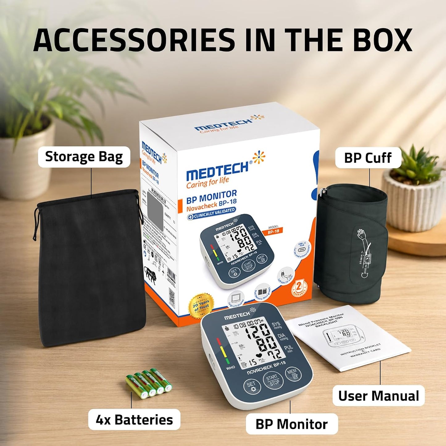 MEDTECH® BP18 Fully Automatic Portable Digital Blood Pressure Monitor with Smart MDD Technology and USB-C Port - Full Size Cuff - 22-42cm
