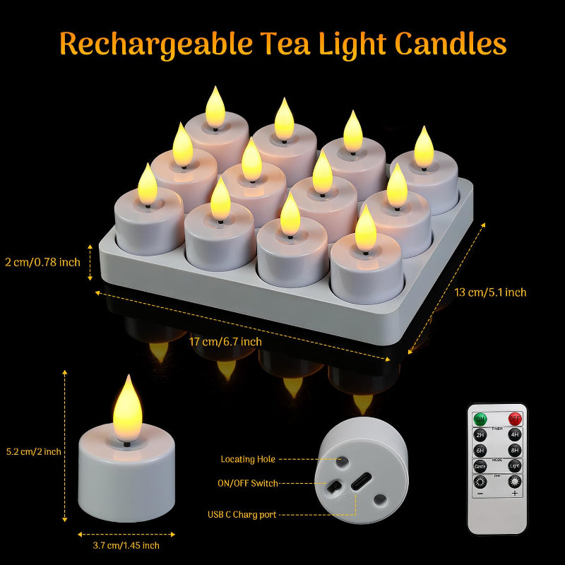 🕯6 / 12 Pack Rechargeable Flickering LED Tealight Candles with Charging Base, Remote & Timer | Safe Flameless Lights for Halloween Party Home Decor🕯️
