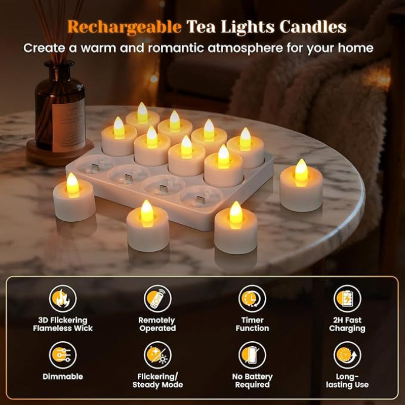 🕯6 / 12 Pack Rechargeable Flickering LED Tealight Candles with Charging Base, Remote & Timer | Safe Flameless Lights for Halloween Party Home Decor🕯️