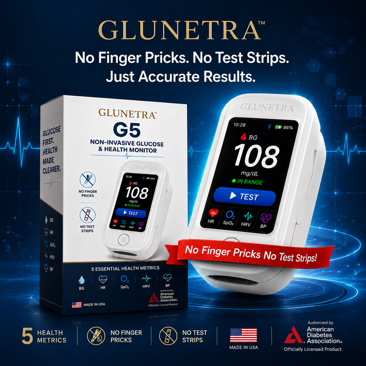 🩺 GLUNETRATM G5 Non-Invasive Glucose & Health Monitor | 🩸 No Finger Pricks Blood Sugar Monitoring Device  | ✅ ADA Licensed Product