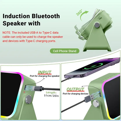 5-in-1 Wireless Induction Speaker Stand – Portable Desk Phone Holder with Emergency Power Bank & Colorful Ambient Light – Perfect Gift for Dad, Men & Women ✨🔋