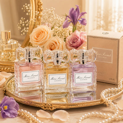 🎀 Miss Sweet Women's Fragrance – Crystal Bow Rose-Inspired Eau de Parfum in Blush Pink, Champagne Gold & Soft Violet