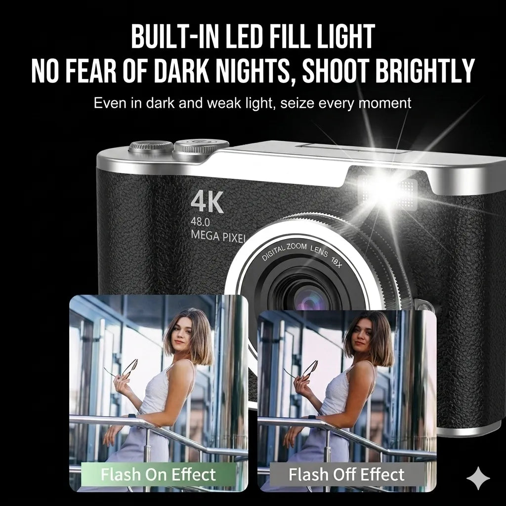 📸 4K Digital Vlogging Camera: 48MP Compact Point-and-Shoot with 180° Flip Screen – Built-in Fill Light & 16X Zoom – 32GB Card Included for Travel & Content