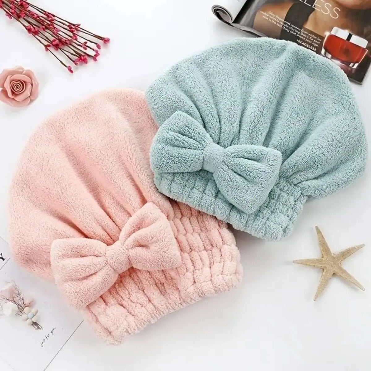🎀💖2-Piece Ultra-Absorbent Hair Drying Towel Cap Set, Soft Bow Wrap for Shower & Travel✨🧖‍♀️🚿😂