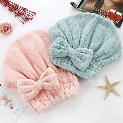 🎀💖2-Piece Ultra-Absorbent Hair Drying Towel Cap Set, Soft Bow Wrap for Shower & Travel✨🧖‍♀️🚿😂