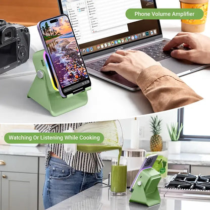 5-in-1 Wireless Induction Speaker Stand – Portable Desk Phone Holder with Emergency Power Bank & Colorful Ambient Light – Perfect Gift for Dad, Men & Women ✨🔋