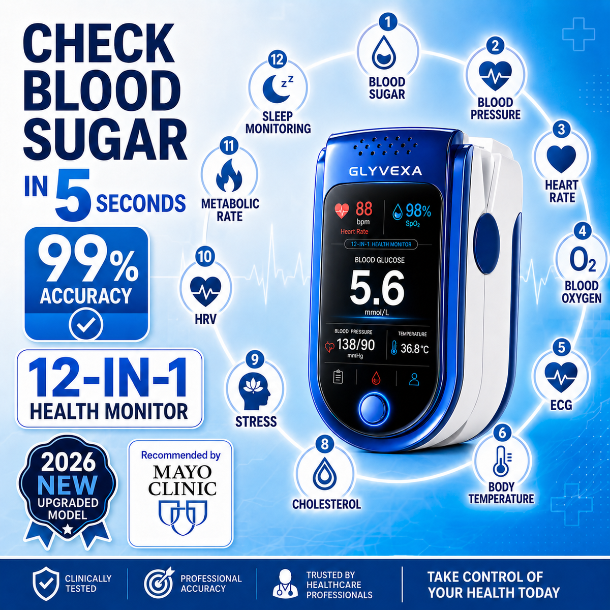 🩺 GLYVEXA™ T7 Non-Invasive Glucose & Health Monitor | 🩸 No Finger Pricks Blo