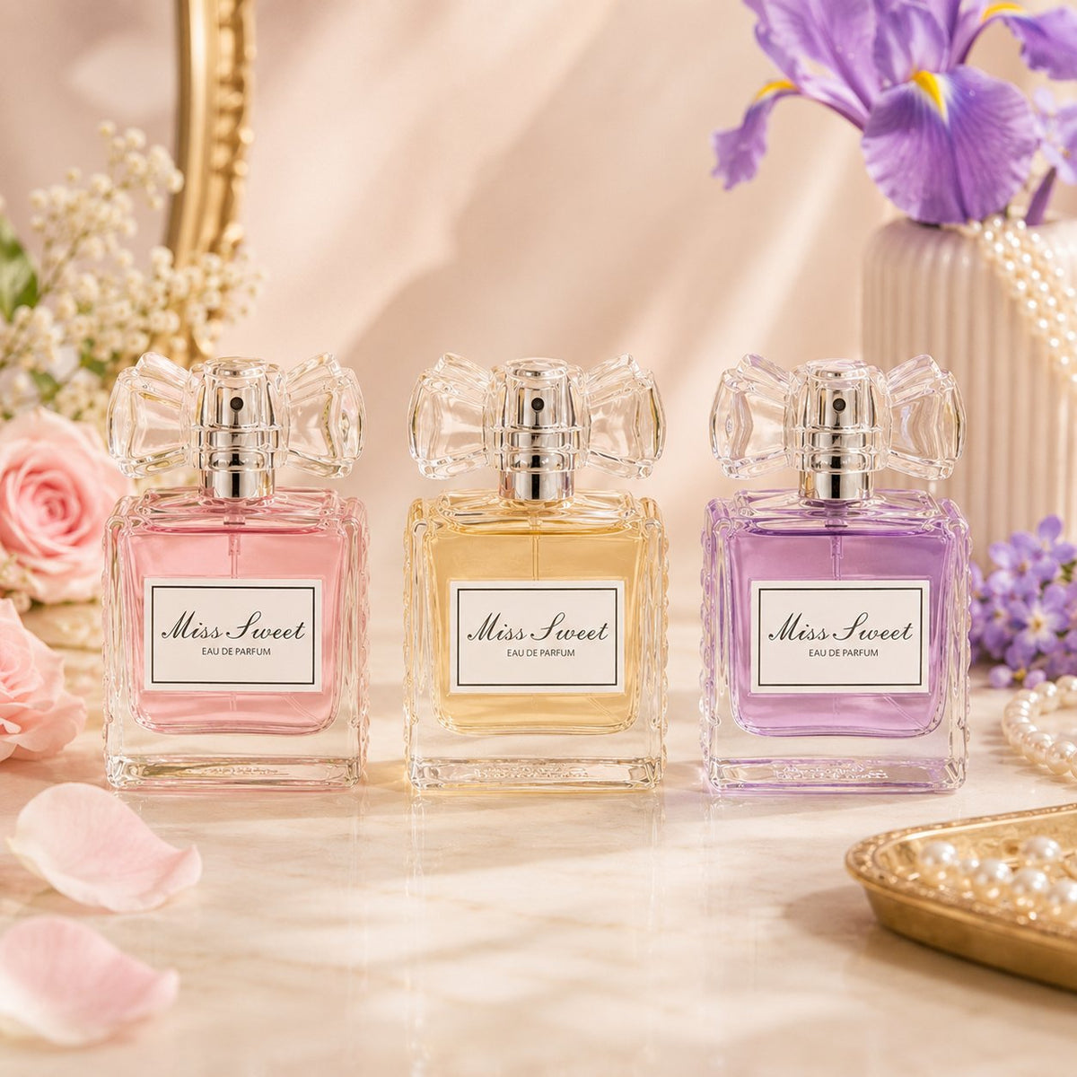 🎀 Miss Sweet Women's Fragrance – Crystal Bow Rose-Inspired Eau de Parfum in Blush Pink, Champagne Gold & Soft Violet