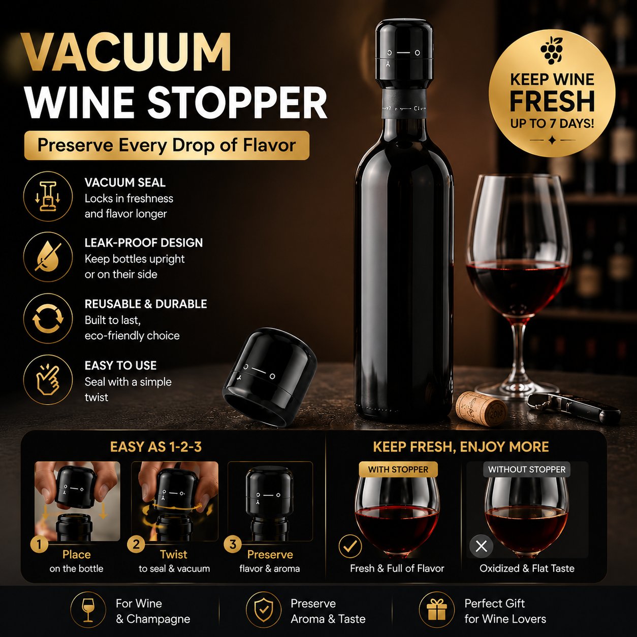 🍷Vacuum Wine Stopper – Reusable Leakproof Bottle Sealer for Wine & Champagne