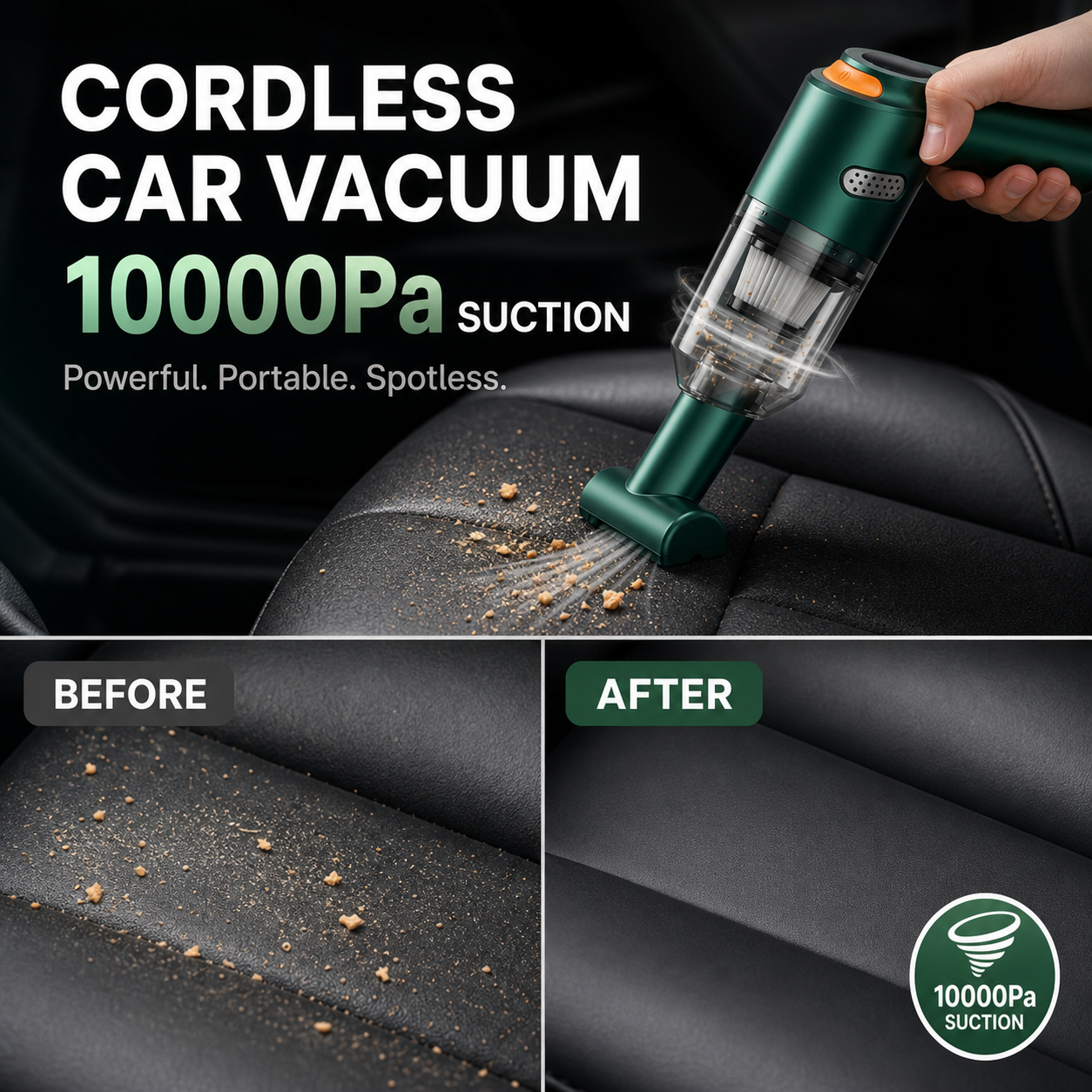 ⏰Cordless Car Vacuum – 10000Pa Suction & 4000mAh Battery 🚗
