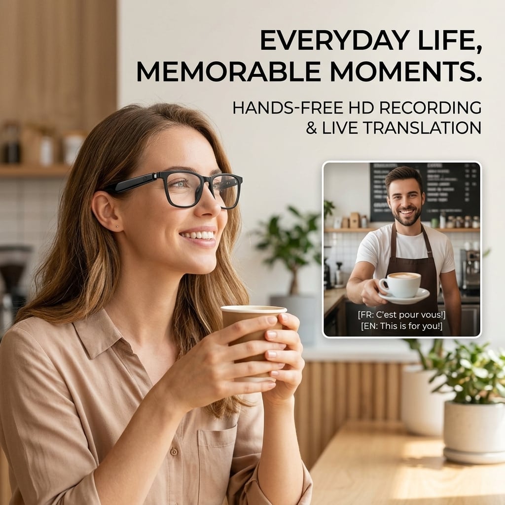 👓 All-weather on-body AI assistant, real-time multilingual simultaneous translation, seamless cross-border communication, all-round AI recognition for everything, on-body professional recorder, hands-free calls, music playback