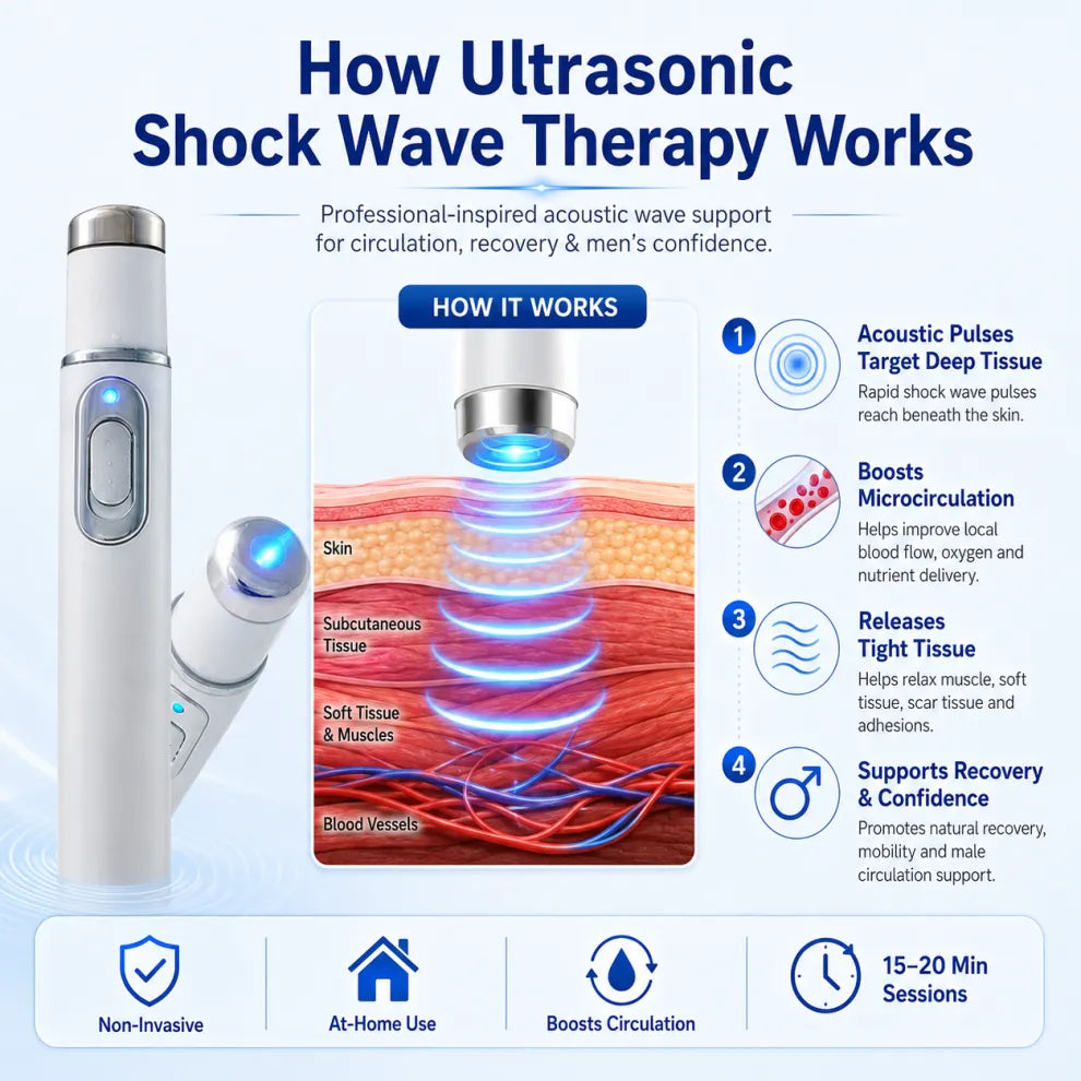💪Advanced Acoustic Shockwave Therapy restores penile tissue health to enhance rise rigidity, stamina, and male performance confidence, relieving muscle pain, joint stiffness, tendon discomfort