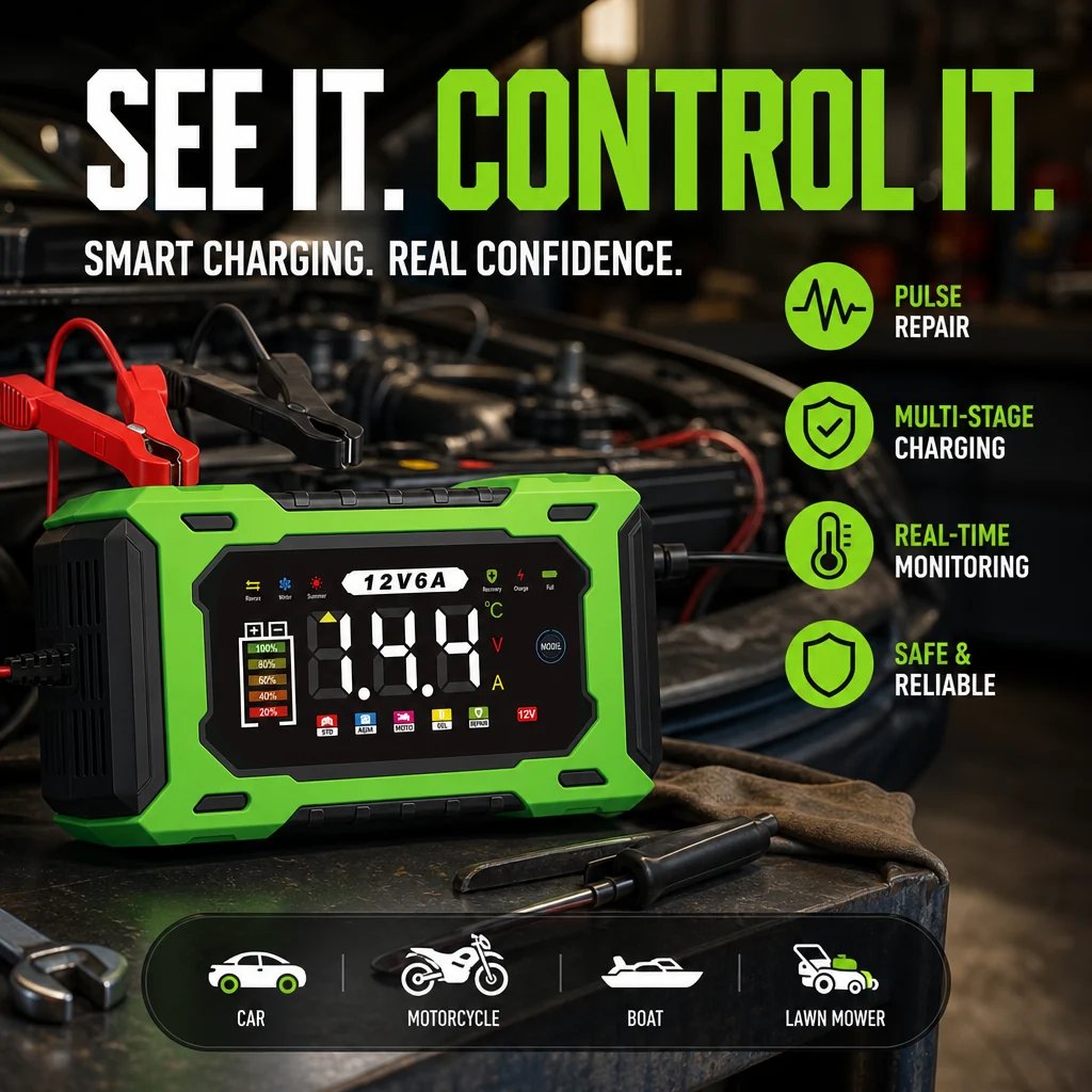 ⏳Time-Limited Special⏰12V 6A Smart Car Battery Charger – Pulse Repair Technology, Auto Maintain & Desulfation⚡