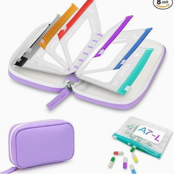 💊A8 Waterproof 14-Pouch Weekly Pill Organizer, Color-Coded Travel Storage for Vitamins & Supplements
