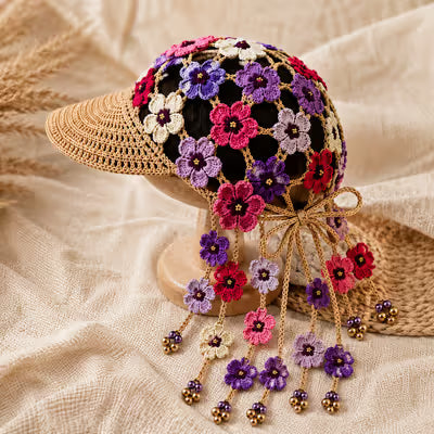 Handcrafted Floral Crochet Baseball Cap | Hollow-Out Knit Boho Hat with Hanging Tassels