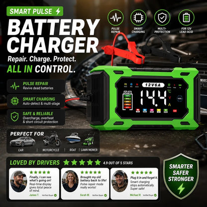 ⏳Time-Limited Special⏰12V 6A Smart Car Battery Charger – Pulse Repair Technology, Auto Maintain & Desulfation⚡
