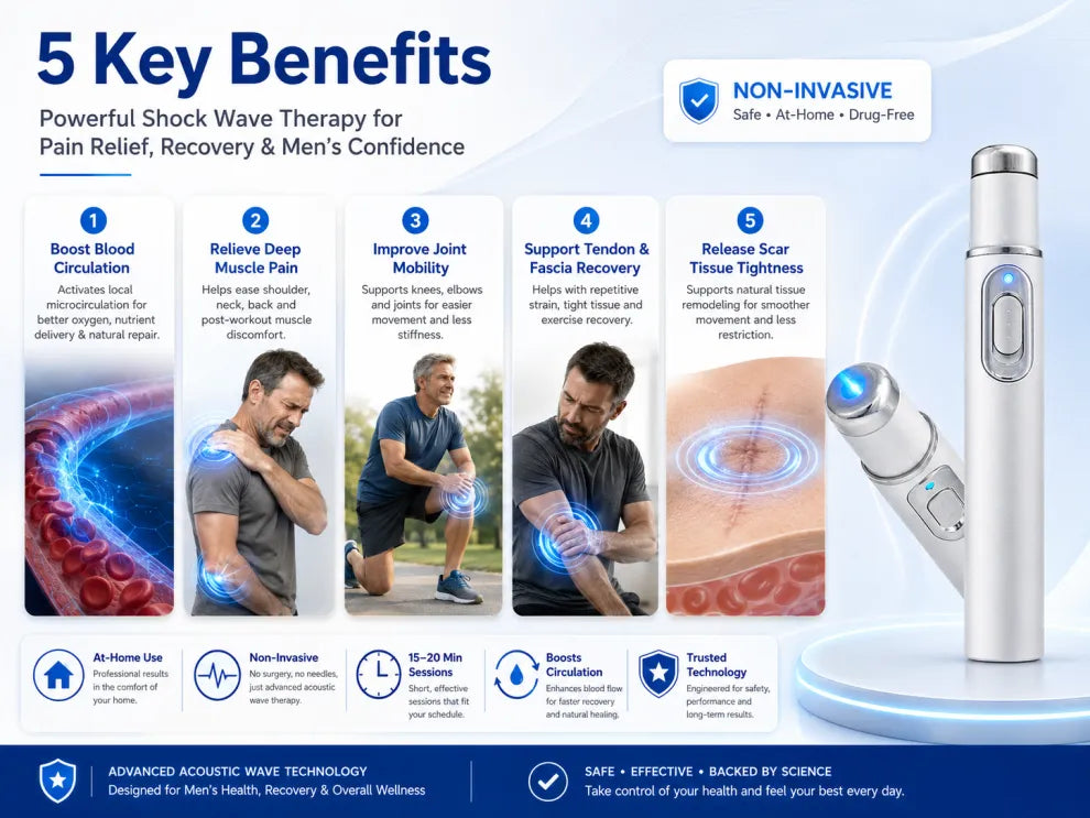 💪Advanced Acoustic Shockwave Therapy restores penile tissue health to enhance rise rigidity, stamina, and male performance confidence, relieving muscle pain, joint stiffness, tendon discomfort