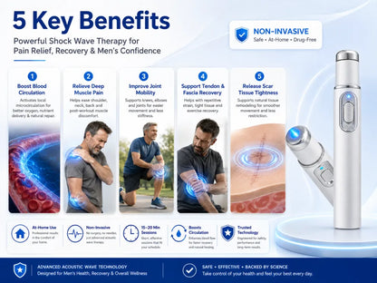 💪Advanced Acoustic Shockwave Therapy restores penile tissue health to enhance rise rigidity, stamina, and male performance confidence, relieving muscle pain, joint stiffness, tendon discomfort