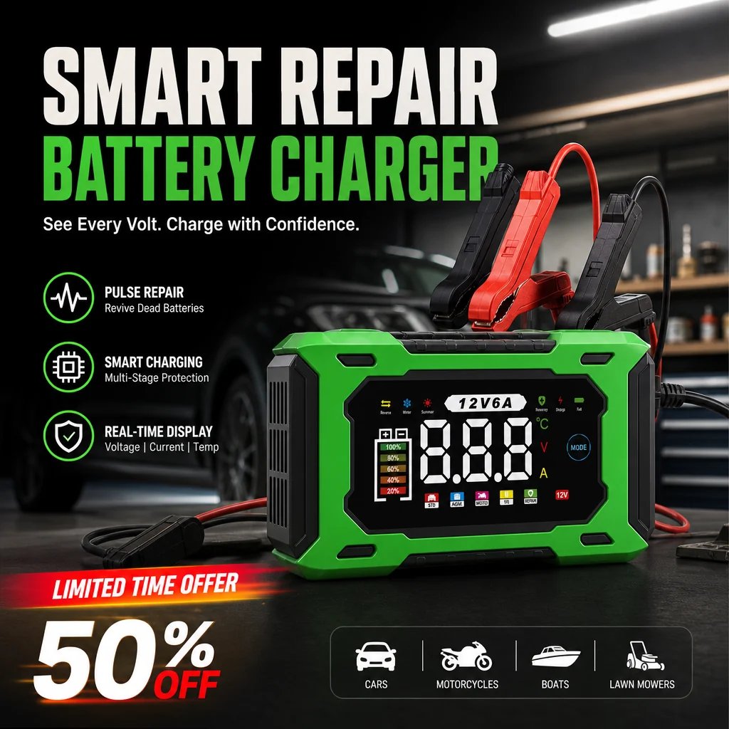 ⏳Time-Limited Special⏰12V 6A Smart Car Battery Charger – Pulse Repair Technology, Auto Maintain & Desulfation⚡