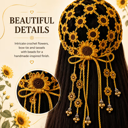 Handcrafted Floral Crochet Baseball Cap | Hollow-Out Knit Boho Hat with Hanging Tassels