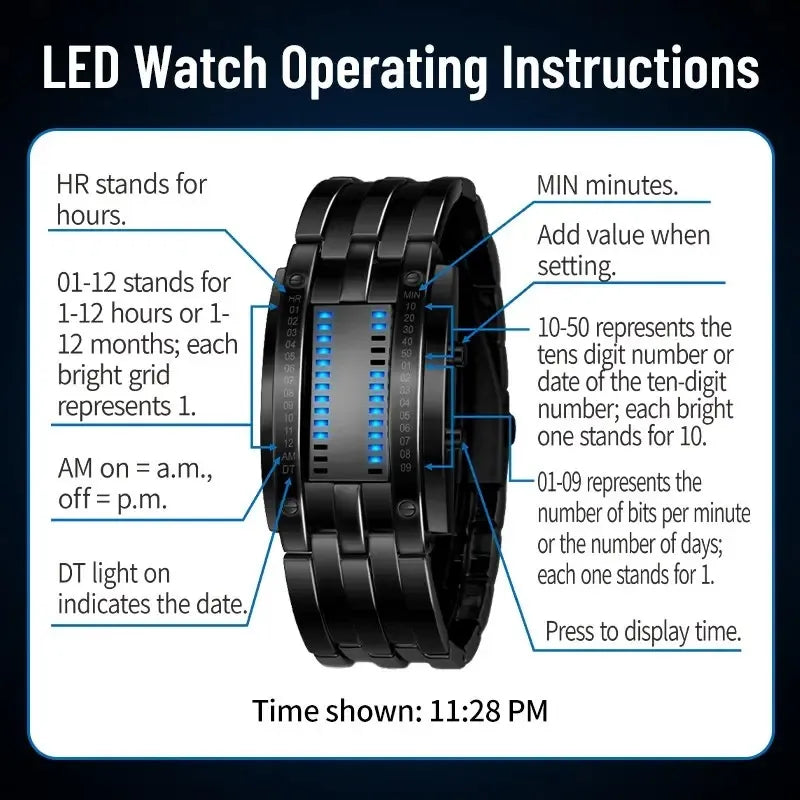 🎁🔥Binary LED Digital Watch, Square Face with Stainless Zinc Alloy Band, Unisex Casual Timepiece