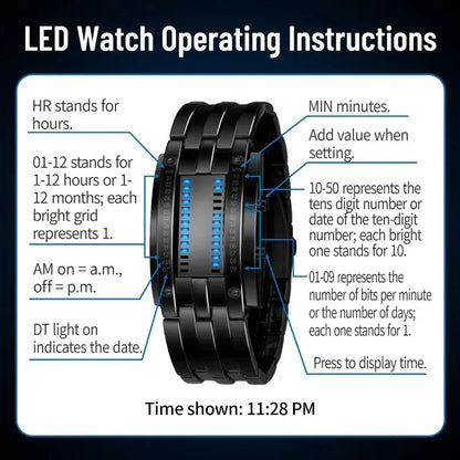 🎁🔥Binary LED Digital Watch, Square Face with Stainless Zinc Alloy Band, Unisex Casual Timepiece