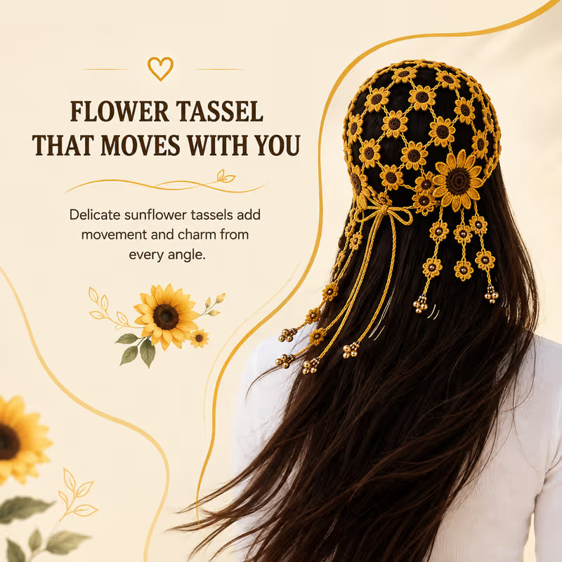 Handcrafted Floral Crochet Baseball Cap | Hollow-Out Knit Boho Hat with Hanging Tassels