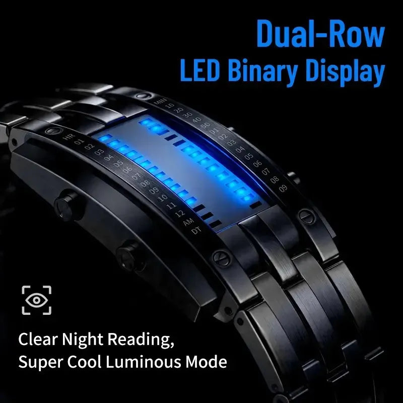 🎁🔥Binary LED Digital Watch, Square Face with Stainless Zinc Alloy Band, Unisex Casual Timepiece