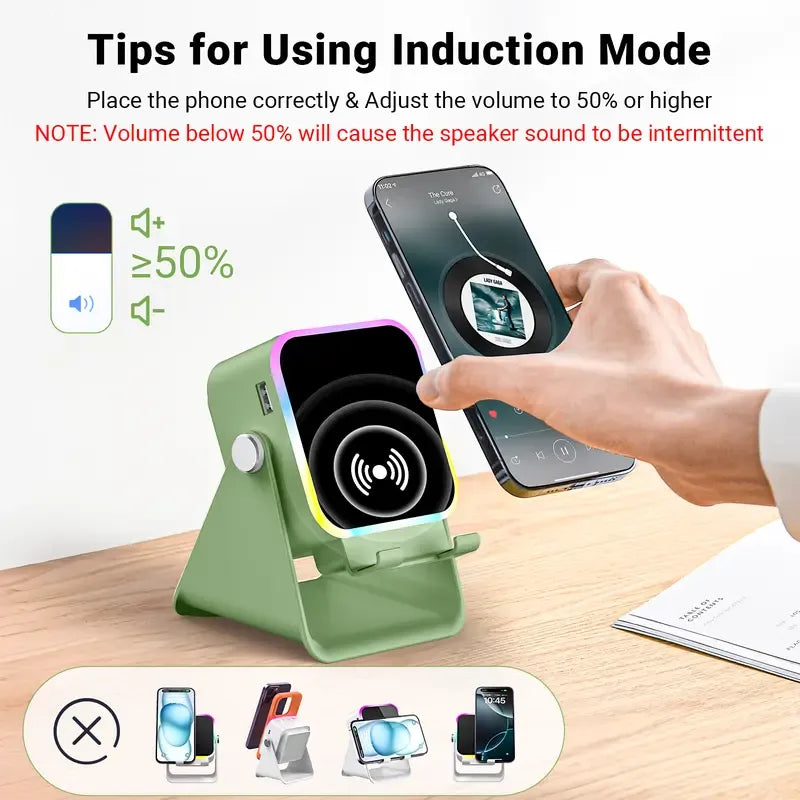 5-in-1 Wireless Induction Speaker Stand – Portable Desk Phone Holder with Emergency Power Bank & Colorful Ambient Light – Perfect Gift for Dad, Men & Women ✨🔋