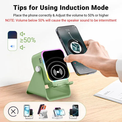 5-in-1 Wireless Induction Speaker Stand – Portable Desk Phone Holder with Emergency Power Bank & Colorful Ambient Light – Perfect Gift for Dad, Men & Women ✨🔋
