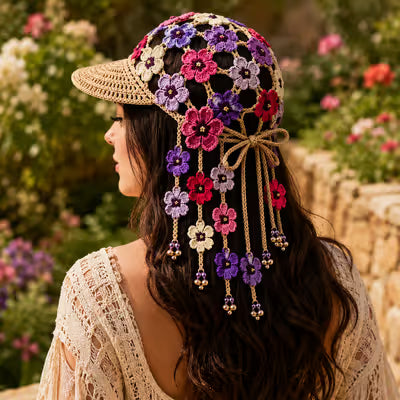 Handcrafted Floral Crochet Baseball Cap | Hollow-Out Knit Boho Hat with Hanging Tassels