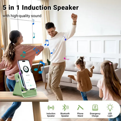 5-in-1 Wireless Induction Speaker Stand – Portable Desk Phone Holder with Emergency Power Bank & Colorful Ambient Light – Perfect Gift for Dad, Men & Women ✨🔋