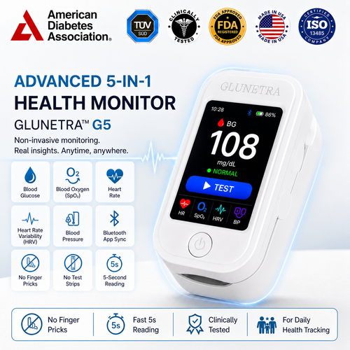 🩺 GLUNETRATM G5 Non-Invasive Glucose & Health Monitor | 🩸 No Finger Pricks Blood Sugar Monitoring Device  | ✅ ADA Licensed Product