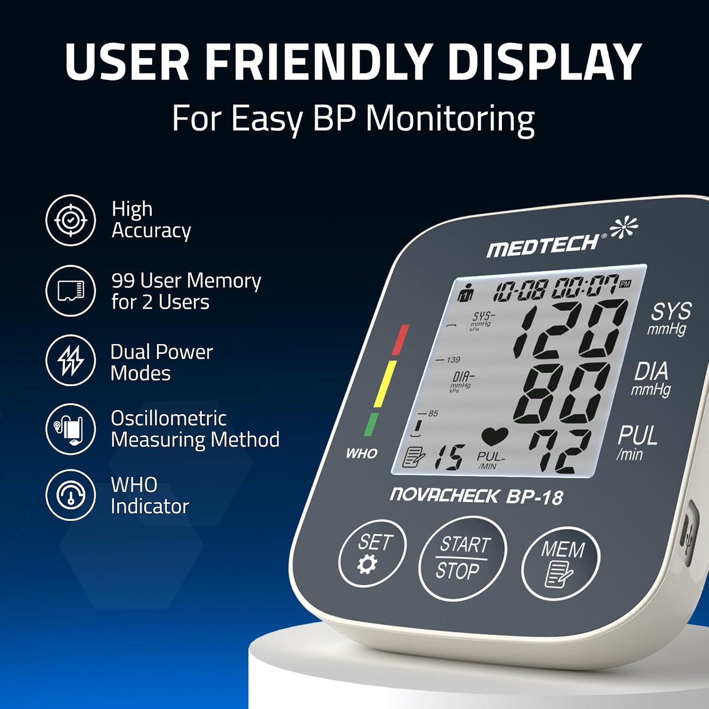 MEDTECH® BP18 Fully Automatic Portable Digital Blood Pressure Monitor with Smart MDD Technology and USB-C Port - Full Size Cuff - 22-42cm