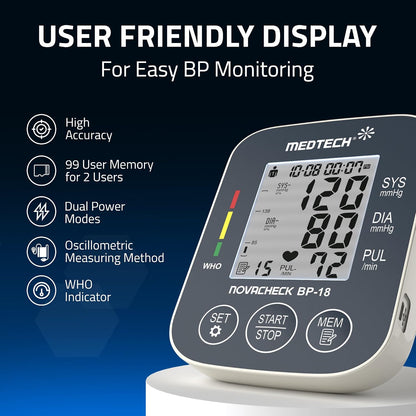 MEDTECH® BP18 Fully Automatic Portable Digital Blood Pressure Monitor with Smart MDD Technology and USB-C Port - Full Size Cuff - 22-42cm