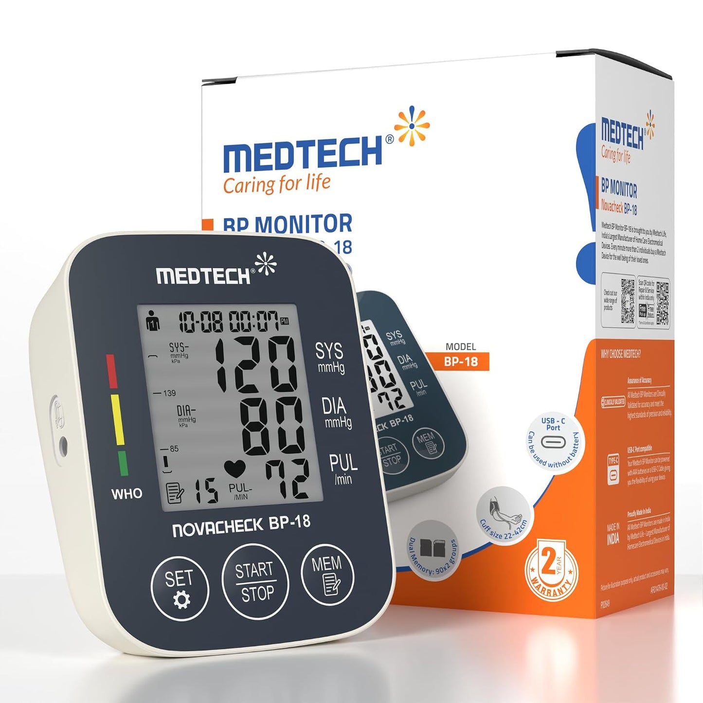 MEDTECH® BP18 Fully Automatic Portable Digital Blood Pressure Monitor with Smart MDD Technology and USB-C Port - Full Size Cuff - 22-42cm
