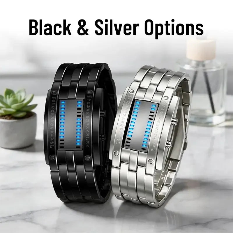🎁🔥Binary LED Digital Watch, Square Face with Stainless Zinc Alloy Band, Unisex Casual Timepiece