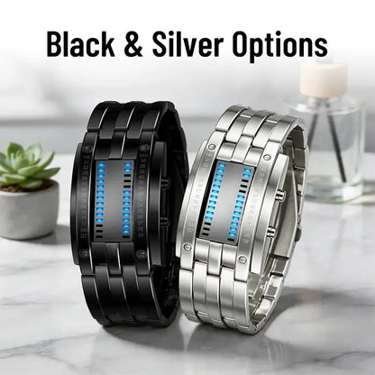 🎁🔥Binary LED Digital Watch, Square Face with Stainless Zinc Alloy Band, Unisex Casual Timepiece
