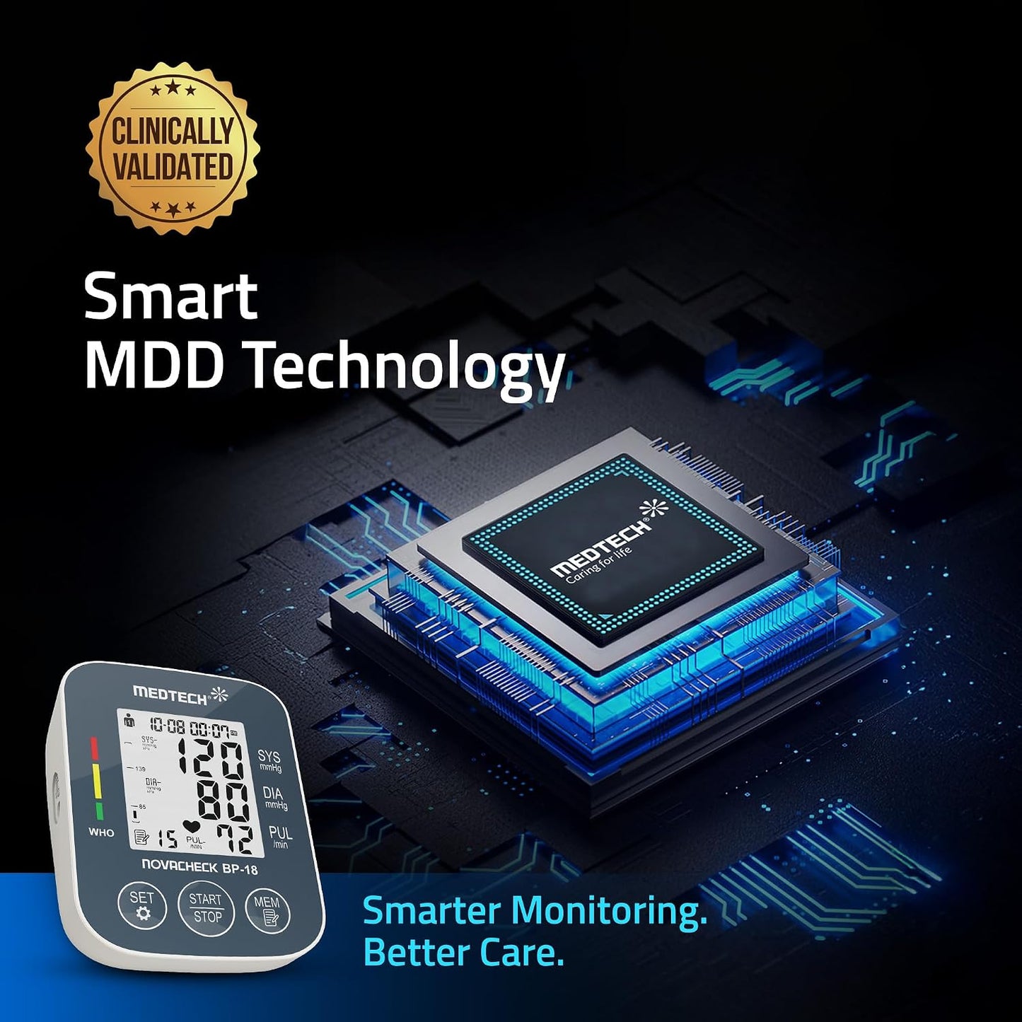 MEDTECH® BP18 Fully Automatic Portable Digital Blood Pressure Monitor with Smart MDD Technology and USB-C Port - Full Size Cuff - 22-42cm