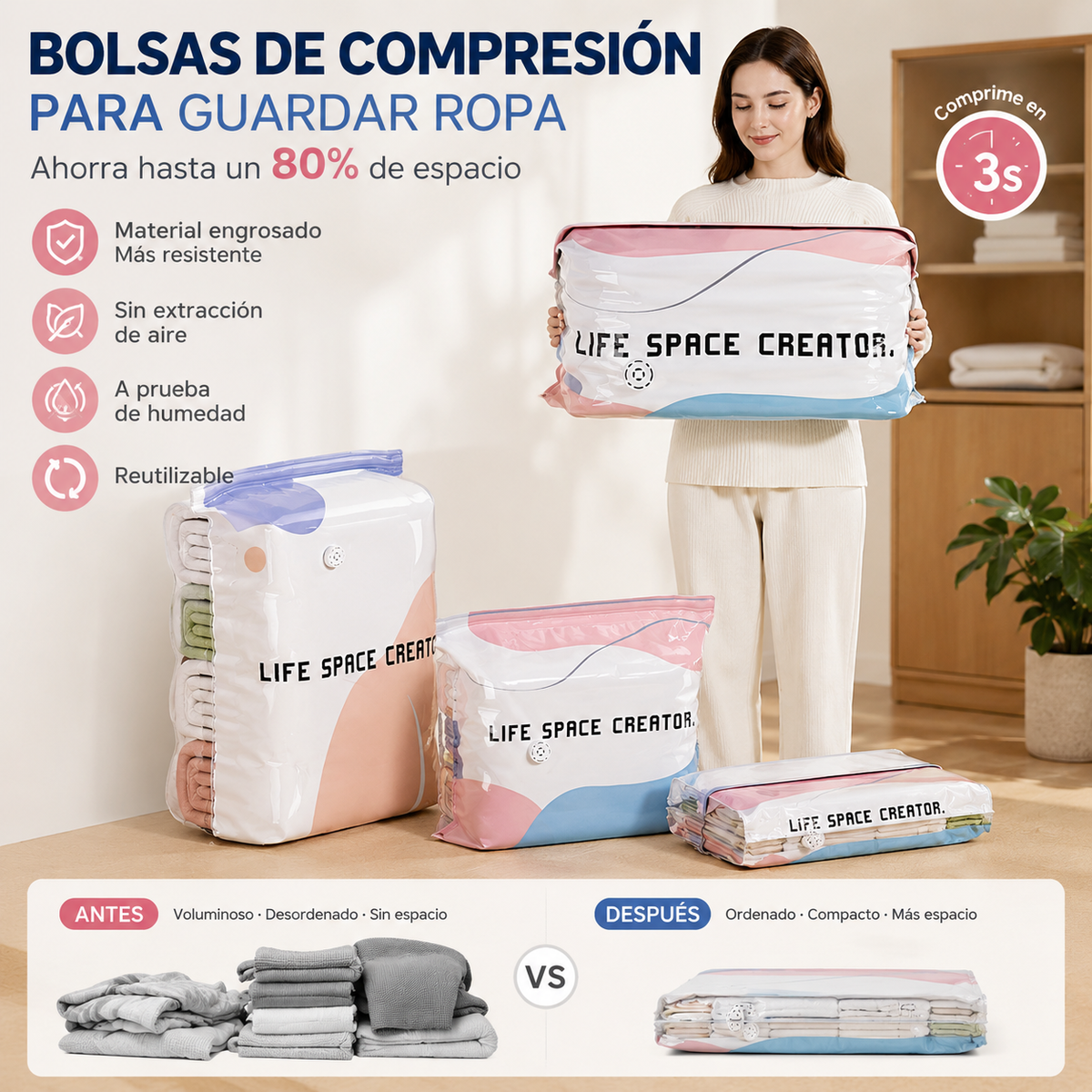 👕📦【4 Pcs 】Bolsas de compresión para guardar ropa, no requieren vacío, diseño reforzado.