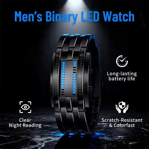 🎁🔥Binary LED Digital Watch, Square Face with Stainless Zinc Alloy Band, Unisex Casual Timepiece