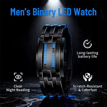 🎁🔥Binary LED Digital Watch, Square Face with Stainless Zinc Alloy Band, Unisex Casual Timepiece
