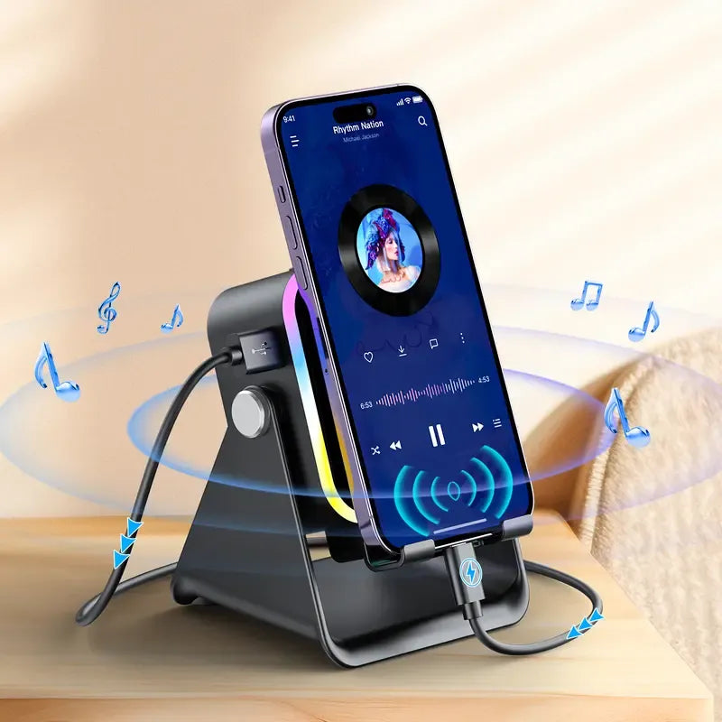 5-in-1 Wireless Induction Speaker Stand – Portable Desk Phone Holder with Emergency Power Bank & Colorful Ambient Light – Perfect Gift for Dad, Men & Women ✨🔋