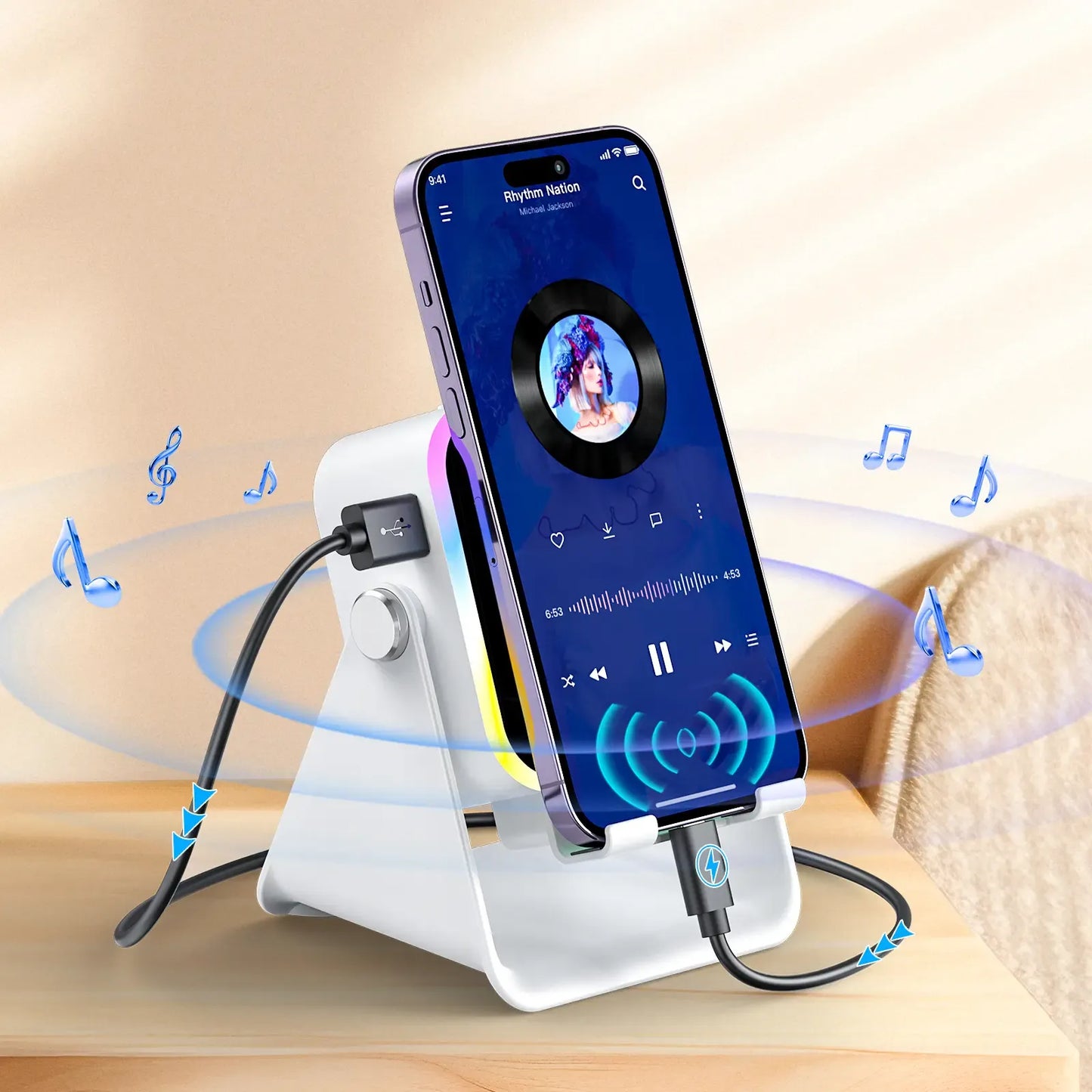 5-in-1 Wireless Induction Speaker Stand – Portable Desk Phone Holder with Emergency Power Bank & Colorful Ambient Light – Perfect Gift for Dad, Men & Women ✨🔋