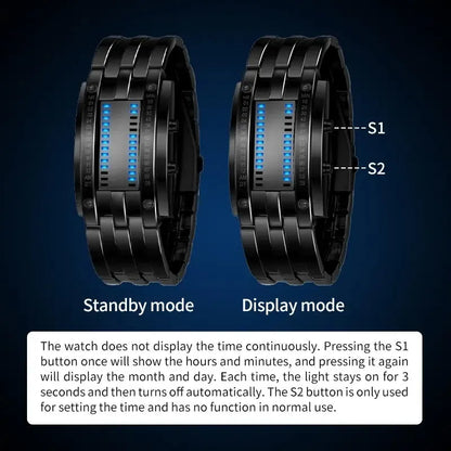 🎁🔥Binary LED Digital Watch, Square Face with Stainless Zinc Alloy Band, Unisex Casual Timepiece