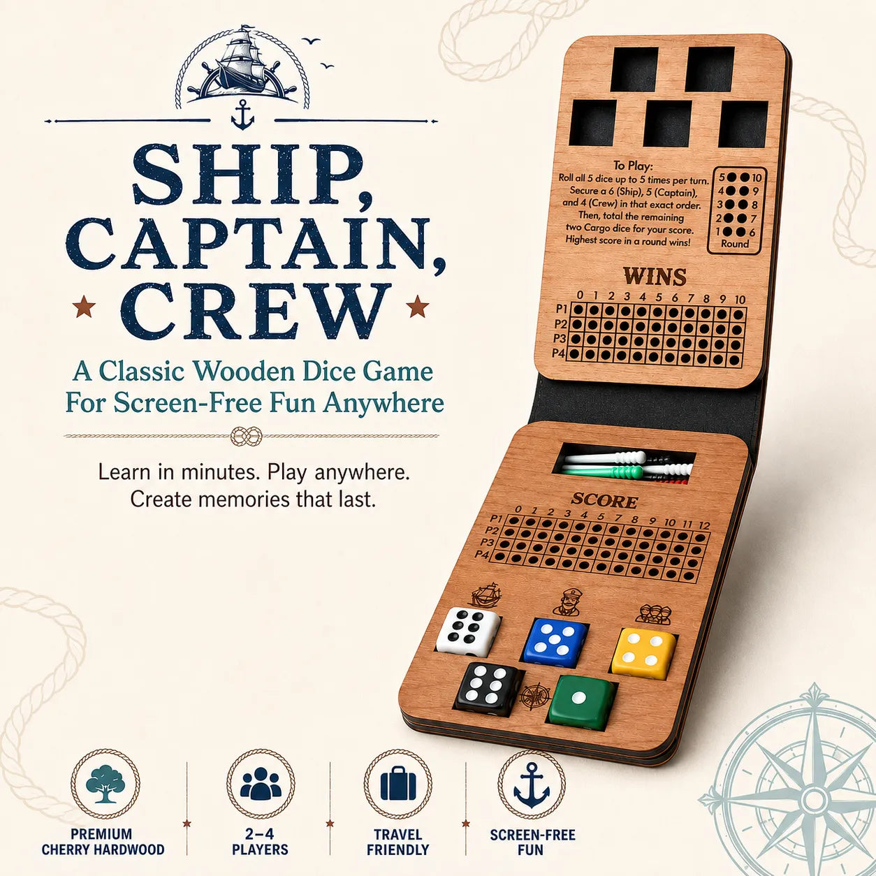 ⚓ Ship, Captain, Crew – A Classic Wooden Dice Game For Family & Travel Fun
