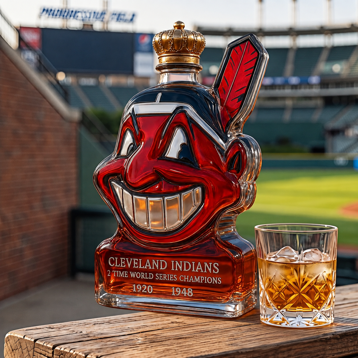 Let's Go Tribe! 125th Anniversary Chief Wahoo Whiskey Bottle