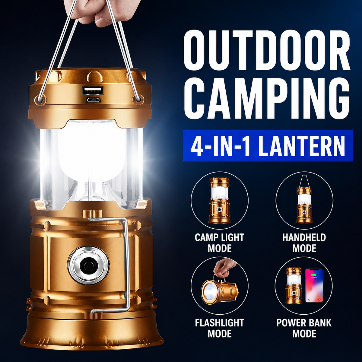 Rechargeable Solar Camping Lanterns – Foldable LED Lights with Magnetic Base & Hanging Hook for Camping, Hiking & Emergencies