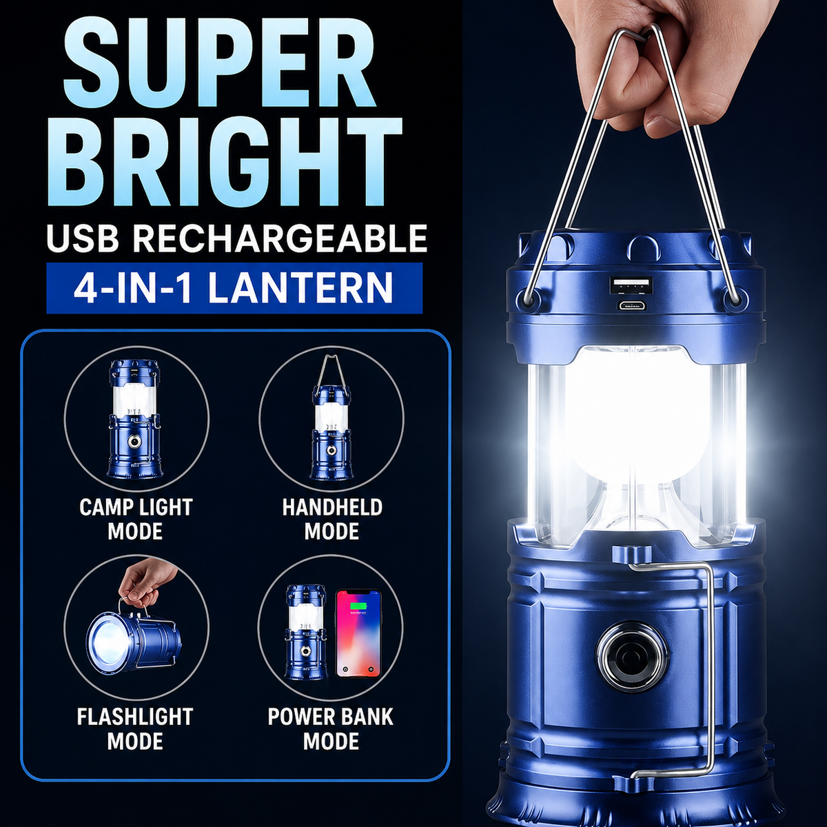 Rechargeable Solar Camping Lanterns – Foldable LED Lights with Magnetic Base & Hanging Hook for Camping, Hiking & Emergencies