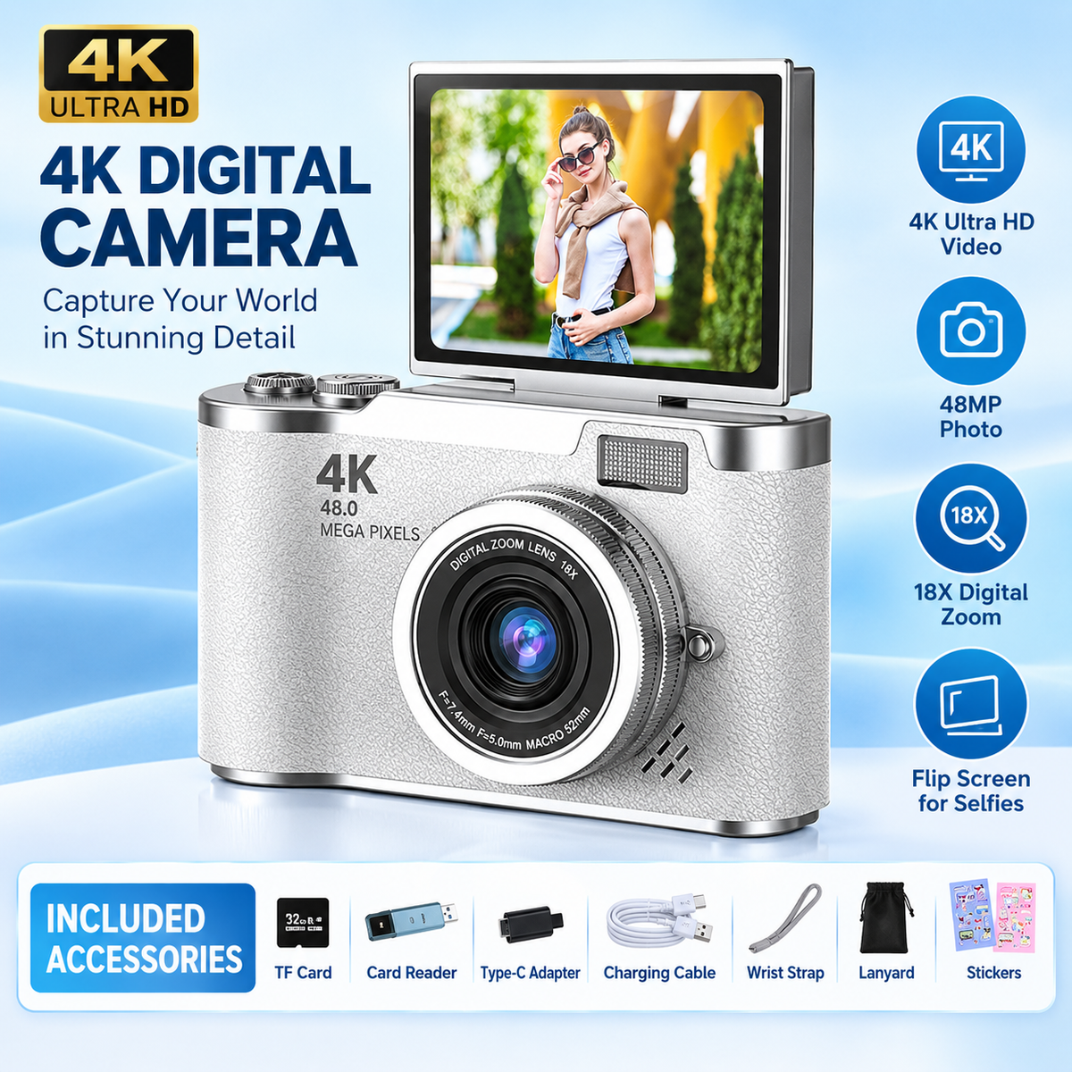 📸 4K Digital Vlogging Camera: 48MP Compact Point-and-Shoot with 180° Flip Screen – Built-in Fill Light & 16X Zoom – 32GB Card Included for Travel & Content